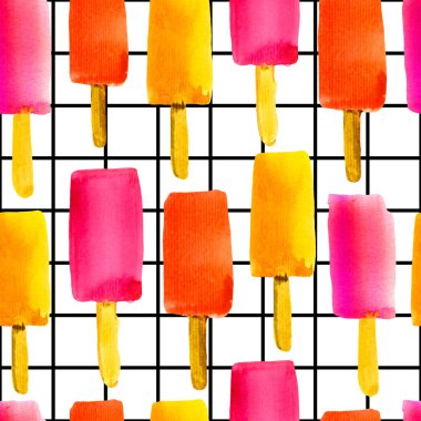 Buz pop ile İllüstrasyon. Bir sopa üzerinde dondurma ile renkli suluboya dikişsiz desen.