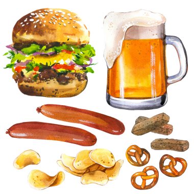 Bira ve abur cuburlu suluboya resim. Bardak, simit, cips, sosis, hamburger. Oktoberfest gelenekleri.