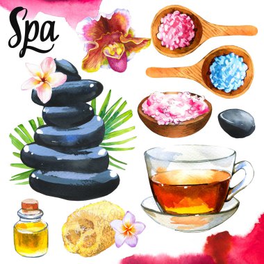 Vücut ve yüz için kullanılan spa örnekleri: havlu, çiçek, yağ, taşlar, orkide, tesisat, tuz, kase, sünger, çay, krema, losyon. Kadınlar için makyaj malzemeleri. Salonda rahatlama