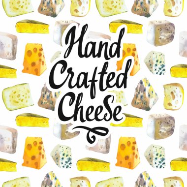 Farklı soylu peynirlere sahip kusursuz suluboya arkaplan: camembert, gouda, parmesan, mavi, edammer, maasdam, brie, rokfor. Abur cubur barı. Çiftlik ürünleri. Taze organik gıda..