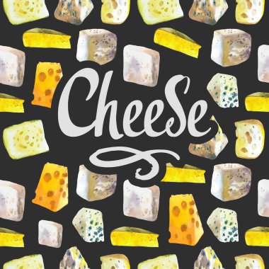 Farklı soylu peynirlere sahip kusursuz suluboya arkaplan: camembert, gouda, parmesan, mavi, edammer, maasdam, brie, rokfor. Abur cubur barı. Çiftlik ürünleri. Taze organik gıda..