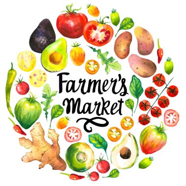Çiftlik sebzelerinin yuvarlak kompozisyonu ile suluboya çizimi. Farklı sebzeler: domates, patates, avokado, zencefil, biber, şalgam, roka, ıspanak. Taze organik gıda..