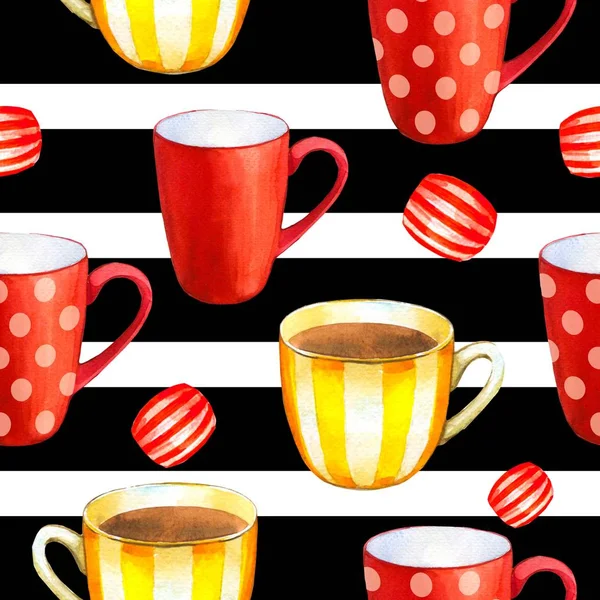 无缝背景。茶会图案在条带。有趣的杯子的水彩插图。装饰元素与传统的热饮为您的包装设计。多色装饰. — 图库照片