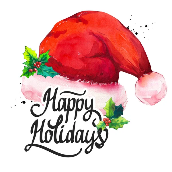 Ilustração de férias aquarela com boné de Papai Noel sobre fundo branco. Inscrição manuscrita. Design de letras. Feliz Natal. . — Fotografia de Stock