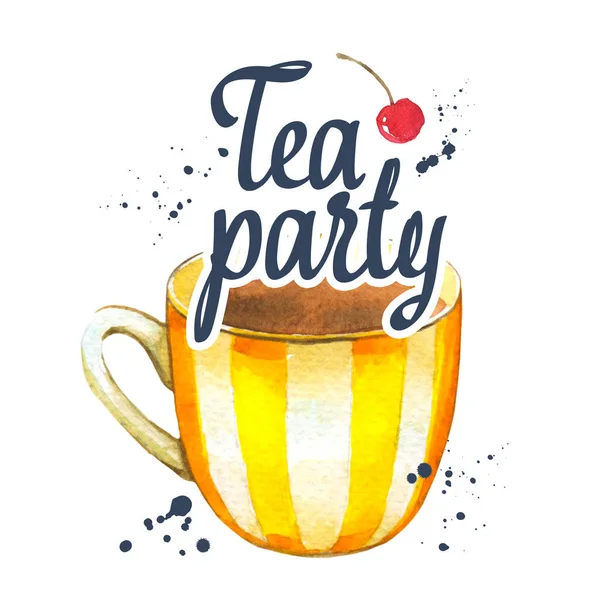 Akwarelowy kubek. Ilustracja Tea Party na białym tle. Elementy dekoracyjne z tradycyjnymi gorącymi napojami dla Twojego projektu. Wielokolorowy wystrój. — Zdjęcie stockowe
