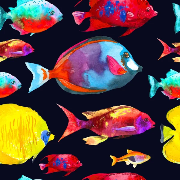 Patrón sin costuras con peces tropicales. Ilustración de acuarela con peces exóticos acuarios dibujados a mano sobre fondo blanco. — Foto de Stock