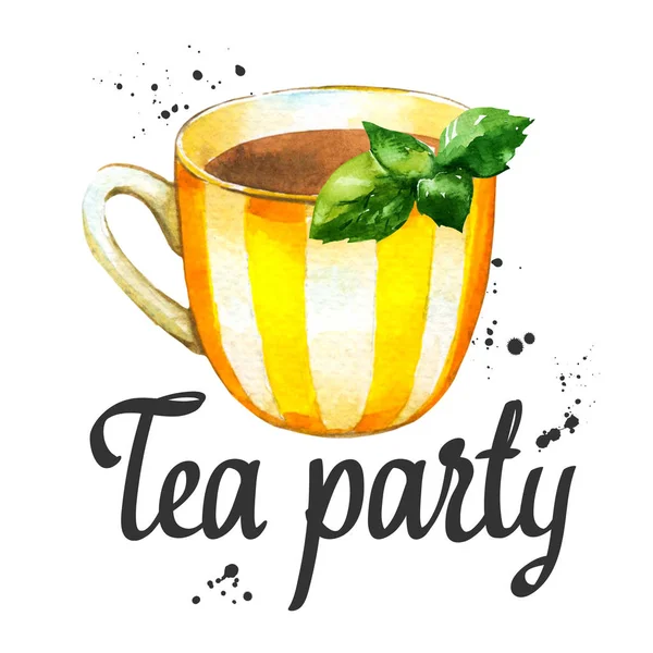 Akwarelowy kubek. Ilustracja Tea Party na białym tle. Elementy dekoracyjne z tradycyjnymi gorącymi napojami dla Twojego projektu. Wielokolorowy wystrój. — Zdjęcie stockowe