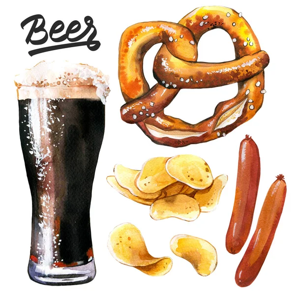 Акварельна ілюстрація з пивом та закусками. Скло, кренделі, чіпси, ковбаски. Октоберфест традиції. — стокове фото