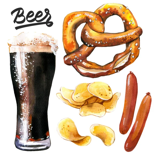 Aquarel illustratie met bier en snack. Glas, pretzel, chips, worstjes. Oktoberfest tradities. — Stockfoto