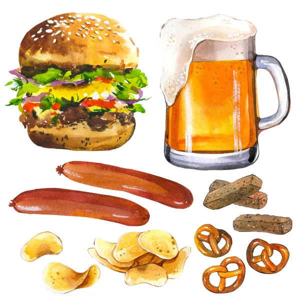 Acuarela Ilustración con cerveza y snack. Vidrio, pretzel, papas fritas, salchichas, hamburguesa. Tradiciones del Oktoberfest . —  Fotos de Stock