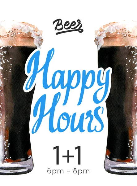 Happy hours poster. Watercolor illustration with glass of stout beer in picturesque style for bar. Drink menu for celebration. Special offer. — Stock Photo, Image