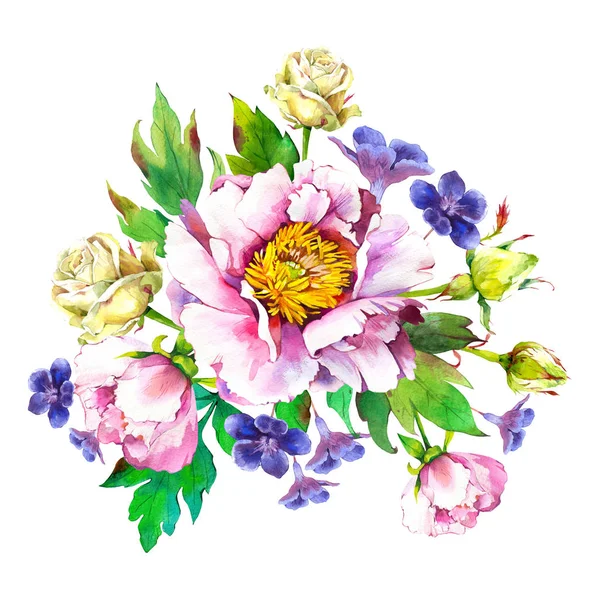 Samenstelling met Pansies, Pioenen, Rozen. Aquarel boeket. Botanische illustraties met bloemen en planten op witte achtergrond. — Stockfoto