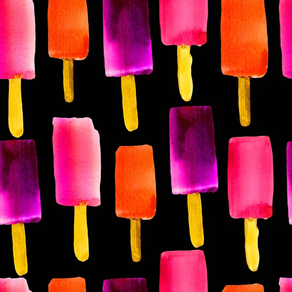 Ilustración con hielo pop. Patrón inconsútil de acuarela colorida con helado en un palo . — Foto de Stock