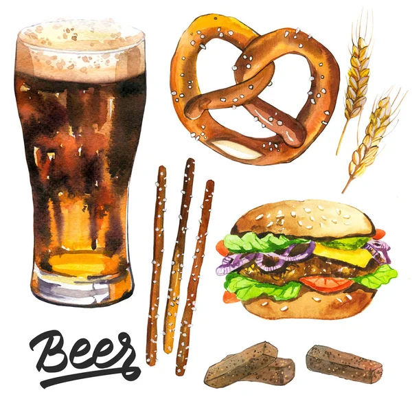 Acuarela Ilustración con cerveza y snack. Vidrio, pretzel, papas fritas, hamburguesa. Tradiciones del Oktoberfest . —  Fotos de Stock