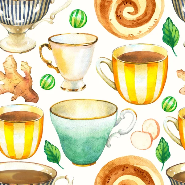 Fondo sin fisuras. Patrón de fiesta de té en blanco. Ilustración en acuarela de copas divertidas. Elementos decorativos con bebidas calientes tradicionales para su diseño de embalaje. Decoración multicolor. —  Fotos de Stock