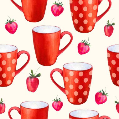 Kusursuz arka plan. Beyaz üzerinde çay partisi deseni. Komik kırmızı bardak suluboya illüstrasyon. Ambalaj tasarımı için geleneksel sıcak içecekler ile dekoratif unsurlar. Çok renkli dekor.