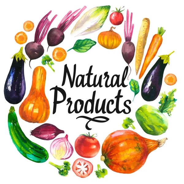 Akvarel ilustrace s kulatým složením zemědělských produktů. Sada zeleniny: lilek, dýně, cuketa, cibule, rajčata, brokolice, řepa, mrkev, zelný kedluben. Čerstvé organické potraviny. — Stock fotografie