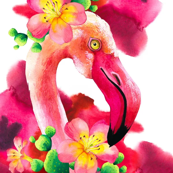 Aquarelle Illustration avec flamant rose et plantes tropicales sur fond blanc. Oiseau paradis . — Photo