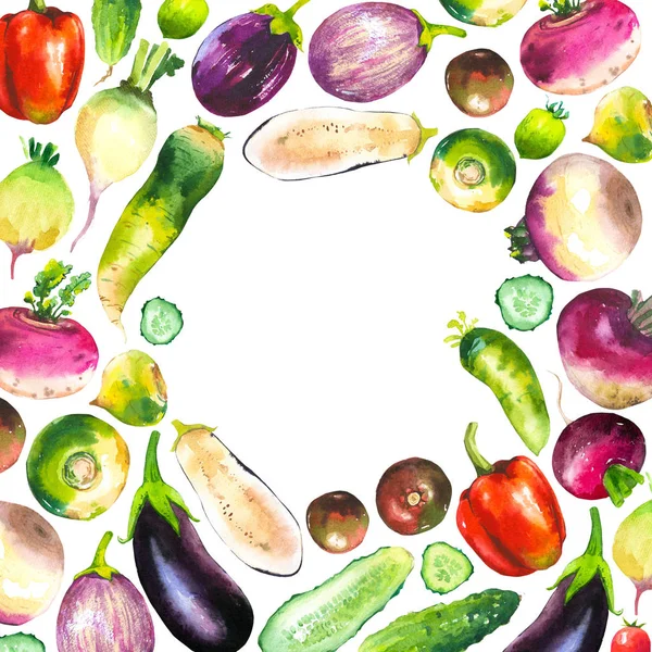 Çiftlik ürünlerinin yuvarlak kompozisyonu ile suluboya çizimi. Sebzeler: biber, salatalık, turp, patlıcan, domates. Taze organik gıda.. — Stok fotoğraf