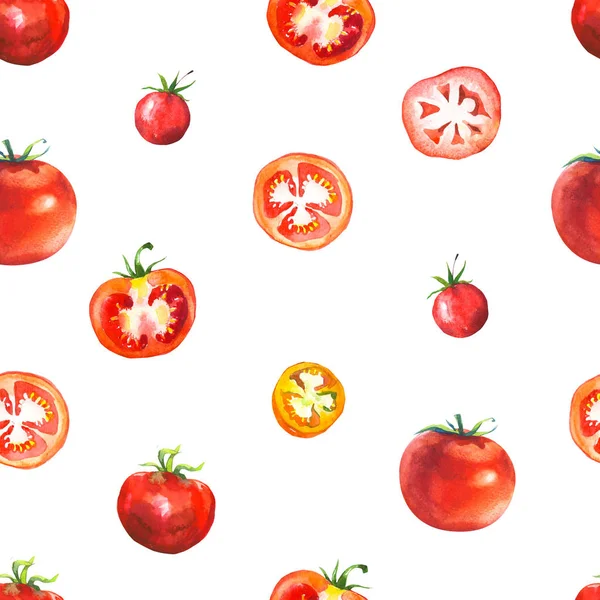 野菜水彩セット。シームレス パターン。新鮮な有機食品。トマトの種類のセット: グリーン、オレンジと赤の色。シンプルな絵のスケッチ. — ストック写真