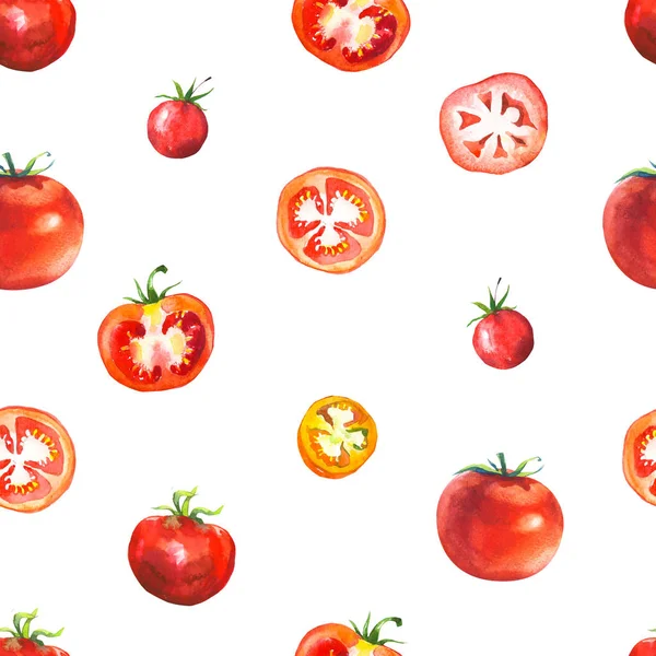 Vegetables watercolor set. Seamless pattern. Fresh organic food. Set of different kinds of tomatoes: green, orange and red colors. Simple painting sketch. — Stock Photo, Image