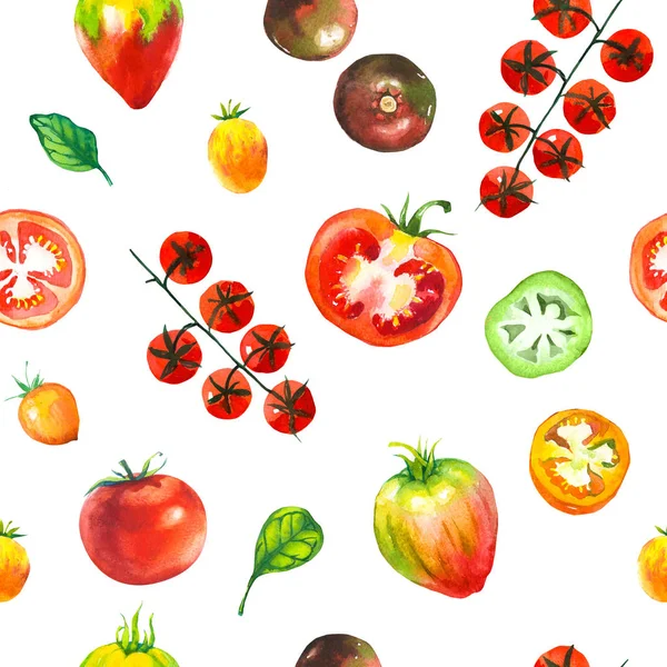 Conjunto de acuarelas de verduras. Patrón sin costuras. Comida orgánica fresca. Conjunto de diferentes tipos de tomates: verde, naranja y rojo. Esbozo de pintura simple . — Foto de Stock
