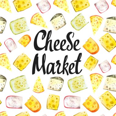 Farklı soylu peynirlere sahip kusursuz suluboya arkaplan: camembert, gouda, parmesan, mavi, edammer, maasdam, brie, rokfor. Abur cubur barı. Çiftlik ürünleri. Taze organik gıda..