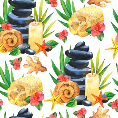 Spa suluboya kusursuz desen. Vücut ve yüz için çeşitli araçlara sahip resimler: havlu, çiçek, taşlar, yağ, mum, bambu yaprakları, sünger. Kadınlar için makyaj malzemeleri. Salonda rahatlama