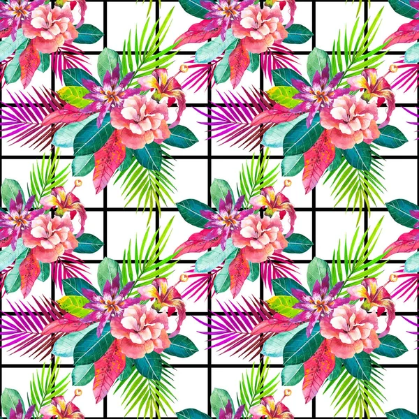 Egzotik el desensiz çizilmiş. Siyah ve beyaz geometrik arka planda tropik çiçekler. Hibiscus, palmiye yapraklı güller suluboya desenli. Botanik ambalaj kağıdı, duvar kağıdı tasarımı — Stok fotoğraf