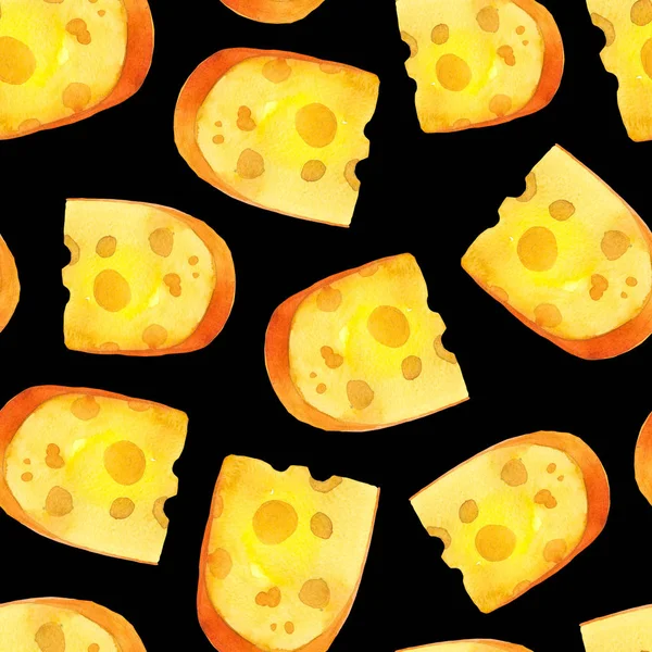 无缝隙的水彩画背景,有各种高贵的奶酪:水蜜桃,水蜜桃,玛莎丹.小点心吧。农业奶制品。新鲜有机食品. — 图库照片