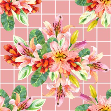 Egzotik çiçekler dikişsiz suluboya desenler oluşturur. Pembe ve beyaz geometrik arka planda tomurcukları olan kaplan zambakları. El yapımı incir yaprakları desenli tropik bir buket. Çiçek ambalaj kağıdı tasarımı