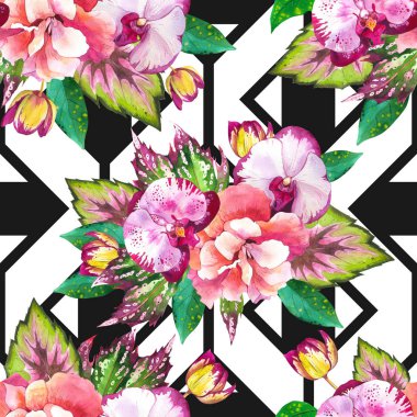 Orkideler suluboya desenli. Siyah ve beyaz geometrik arka planda tropik çiçekler. Egzotik amber çiçeği, pembe gül, yeşil yapraklı şakayık. Botanik ambalaj kağıdı tasarımı