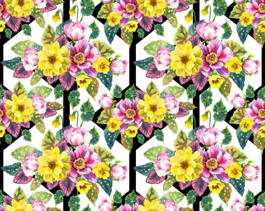 Suluboya çiçekli kusursuz desen. Siyah ve beyaz geometrik arka planda bitkileri olan güzel çizimler. Pansies, Peonies, Dahlias ile Kompozisyon.
