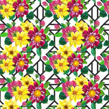 Çiçekli yıldız çiçekleri, dikişsiz desen. Eşkenar dörtgen geometrik arka planda sarı, mor Georgina. Çiçekler açar, tomurcuklar ve yapraklar akvaryum desenli. Çiçek ambalaj kağıdı, duvar kağıdı tasarımı