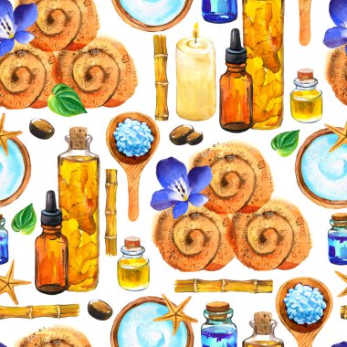 Spa suluboya kusursuz desen. Vücut ve yüz için çeşitli araçlara sahip resimler: havlu, yağ, krem, yaprak, masaj kremi, tuzlu kaşık, bambu. Kadınlar için makyaj malzemeleri. Salonda rahatlama