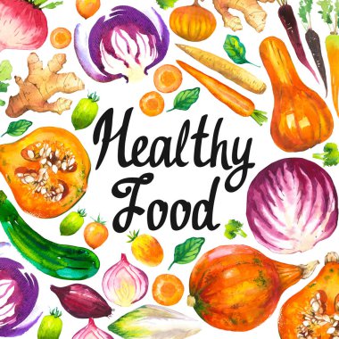 Çiftlik ürünlerinin yuvarlak kompozisyonu ile suluboya çizimi. Sebzeler: Kabak, kabak, soğan, domates, lahana, brokoli, pancar, havuç, zencefil, erik. Taze organik gıda..