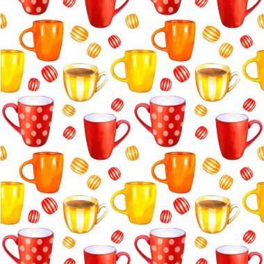 Kusursuz bir geçmişi var. Beyaz üzerine çay partisi deseni. Tuhaf fincanların suluboya çizimi. Dekoratif unsurlar ve geleneksel sıcak içecekler paketleme tasarımınız için. Çoklu renk dekoru.