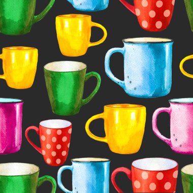 Kusursuz bir geçmişi var. Siyaha çay partisi deseni. Tuhaf fincanların suluboya çizimi. Dekoratif unsurlar ve geleneksel sıcak içecekler paketleme tasarımınız için. Çoklu renk dekoru.