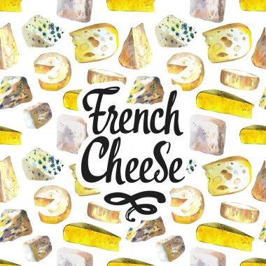 Farklı soylu peynirlere sahip kusursuz suluboya arkaplan: camembert, gouda, parmesan, mavi, edammer, maasdam, brie, rokfor. Abur cubur barı. Çiftlik ürünleri. Taze organik gıda..