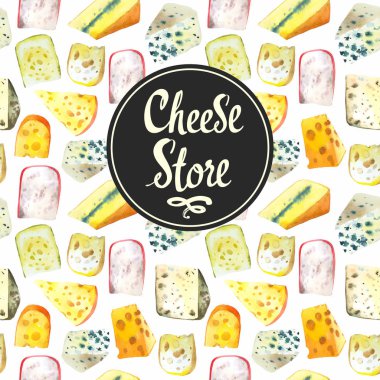 Farklı soylu peynirlere sahip kusursuz suluboya arkaplan: camembert, gouda, parmesan, mavi, edammer, maasdam, brie, rokfor. Abur cubur barı. Çiftlik ürünleri. Taze organik gıda..