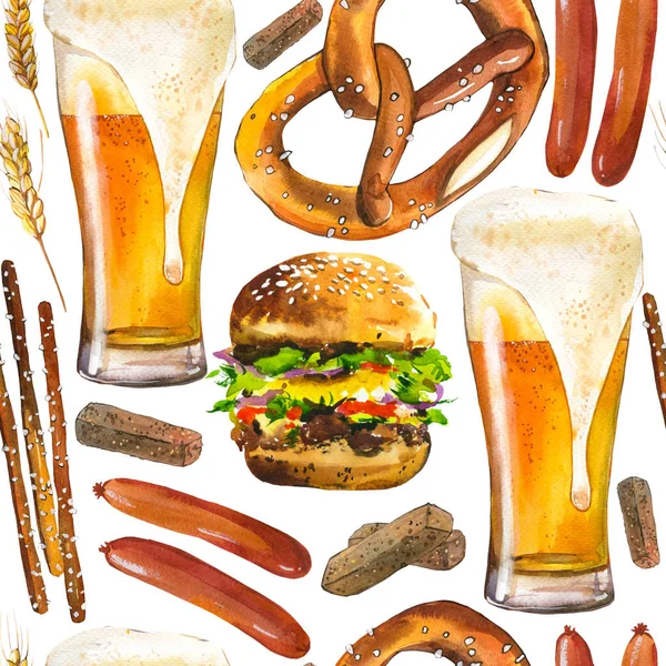 Latar belakang mulus dengan bir dan makanan ringan dalam gaya cat air. Ilustrasi pola gambar tangan pada warna putih. Makanan oktoberfest tradisional. Menu pub. — Stok Foto