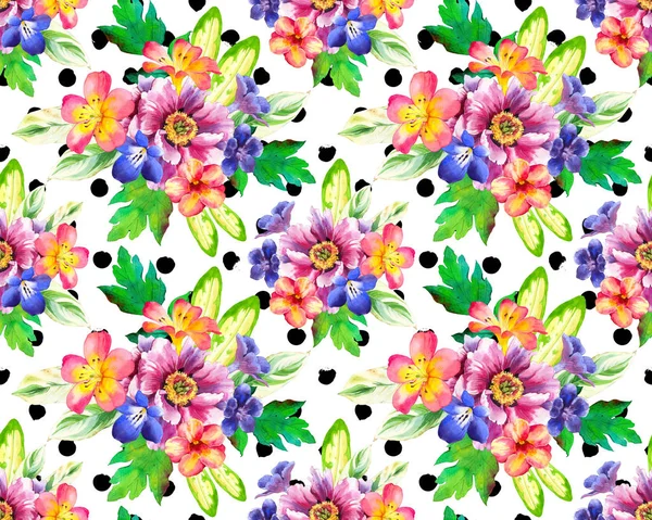 Απρόσκοπτη μοτίβο με λουλούδια ακουαρέλας. Όμορφες εικόνες με φυτά σε ασπρόμαυρο φόντο πουά. Σύνθεση με παιώνιες — Φωτογραφία Αρχείου