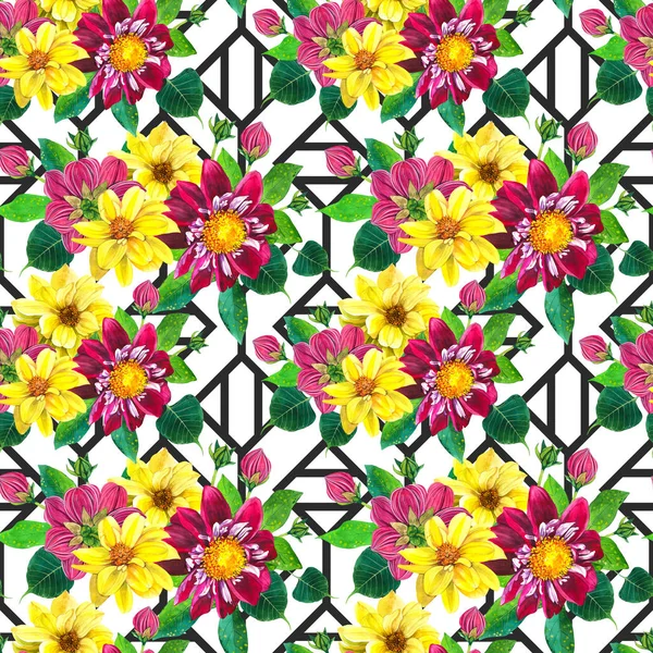 Blooming dahlias watercolor seamless pattern. Yellow, purple georgina on rhombus geometric background. Flowers blossom, buds and leaves with aquarelle texture. Floral wrapping paper, wallpaper design — Stock Photo, Image