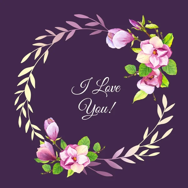 Spring wreath with watercolor magnolia. Floral purple illustrations with realistic flowers on dark background for your design and decor.