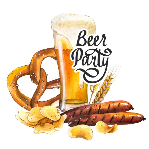 Cartaz da festa da cerveja. ilustração aquarela com vidro de cerveja e lanche: salsichas, pretzel, batatas fritas em estilo pitoresco para bar. Menu de bebidas para comemorar. Oktoberfest. — Fotografia de Stock