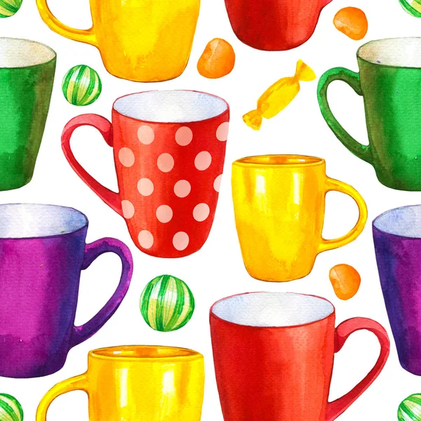 Bezproblémové pozadí. Vzor čajové party na bílém. Akvarel ilustrace legrační poháry. Dekorativní prvky s tradičními teplými nápoji pro váš design balení. Vícebarevný dekor. — Stock fotografie
