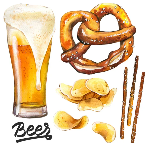 Acuarela Ilustración con cerveza y snack. Vidrio, pretzel, patatas fritas. Tradiciones del Oktoberfest . —  Fotos de Stock