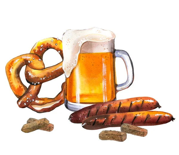 Oktoberfest. Illustrazione ad acquerello con vetro di lager e snack: salsicce, pretzel, patatine fritte in stile pittoresco per bar. Menù di bevande per festeggiare. Manifesto della festa della birra . — Foto Stock