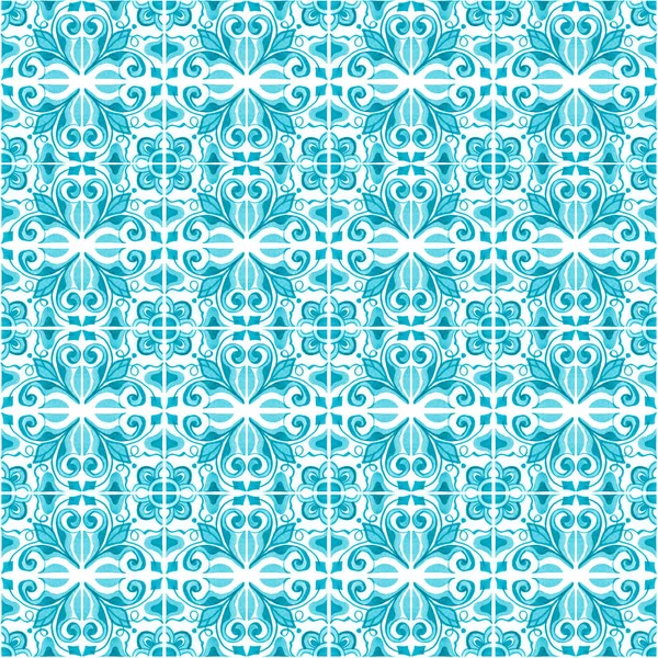 Nahtloses Muster mit portugiesischen Fliesen. Aquarell-Illustration von Azulejo auf weißem Hintergrund. türkisfarbener Colos. — Stockfoto