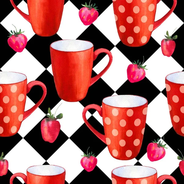 シームレスな背景。紅茶パーティーの模様は黒と白。面白い赤いカップの水彩イラスト。あなたの梱包デザインのための伝統的なホットドリンクと装飾的な要素。多色の装飾. — ストック写真